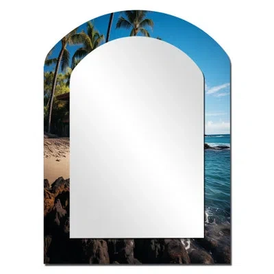 Design Art Hawaii Island Retreat - Hawaii Arch Decorative Mirror, Beige Asymmetrical Wall Mirror, Printed Metal In Teal;beige
