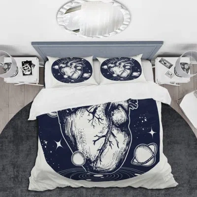 Design Art Heart In Space - Vintage Duvet Cover Set - Microfiber Polyester In White;navy