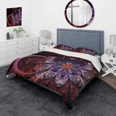 Design Art Heart Shaped Fractal Flower - Modern Duvet Cover Set - Microfiber Polyester In Black,purple