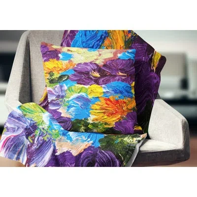 Design Art Heavily Textured Abstract Flowers - Abstract Printed Pillow In Blue;purple