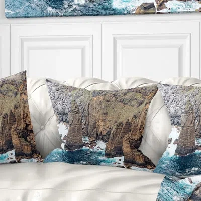 Design Art Heavy Clouds Over Morning Beach - Sea & Shore Printed Throw Pillow In Blue