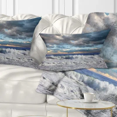 Design Art Heavy Storm In Ocean At Sunset - Sea & Shore Printed Throw Pillow In Multi-color