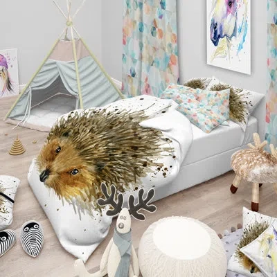 Design Art Hedgehog Watercolor - Animal Duvet Cover Set - Microfiber Polyester In Brown