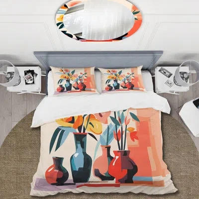 Design Art Henri Matisse Style Boho Flower Bouquet V - Boho Pottery Duvet Cover Set In Yellow;pink
