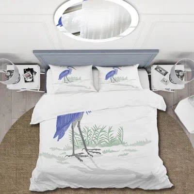 Design Art Heron Bird Looking At Reflection - Farmhouse Duvet Cover Set - Microfiber Polyester In Purple,white