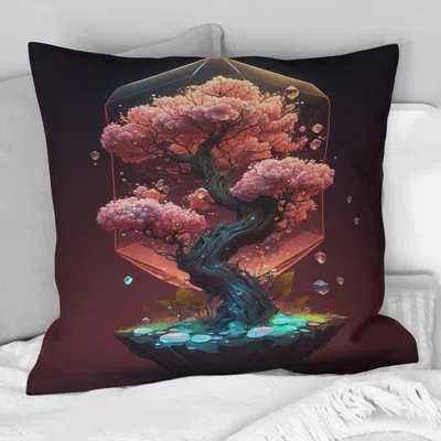 Design Art Hexagon Bonsai Tree Ii - Tree Printed Throw Pillow In Brown;pink