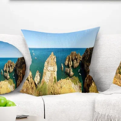 Design Art High Cloudy Mountains Panorama - Sea & Shore Printed Throw Pillow In Blue;black;brown;green;red;yellow