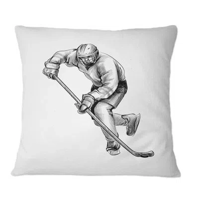 Design Art Hockey Player In Black And White Winter Sport I - Global Printed Throw Pillow In Gray