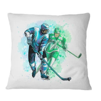 Design Art Hockey Player In Black And White Winter Sport Iii - Global Printed Throw Pillow In Blue;green