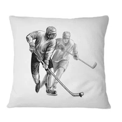 Design Art Hockey Player In Black And White Winter Sport Iv - Global Printed Throw Pillow In Gray