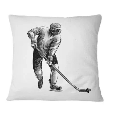 Design Art Hockey Player Sketch In Winter Sport - Global Printed Throw Pillow In Gray