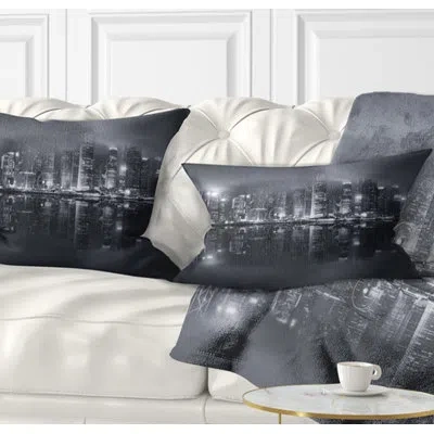 Design Art Hong Kong Black And White Skyline - Cityscape Printed Throw Pillow