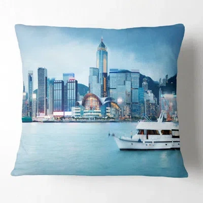 Design Art Hong Kong City At Night - Cityscape Printed Pillow In Blue;black;brown;green;red;yellow