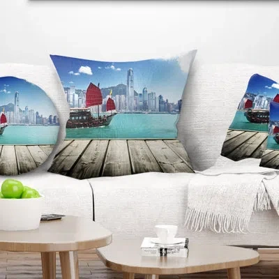 Design Art Hong Kong Harbor - Sea & Shore Printed Throw Pillow In Blue;red