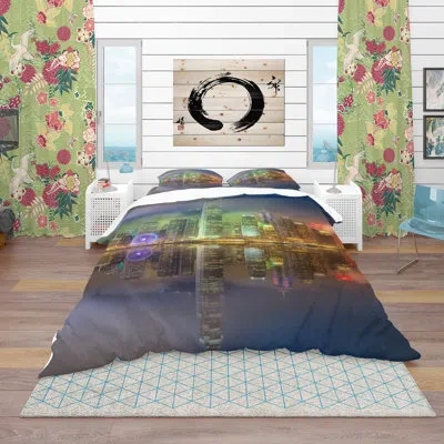 Design Art Hong Kong Panoramic View - Sea & Shore Duvet Cover Set - Microfiber Polyester In Green