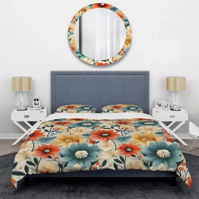 Design Art Hooman Mod Floral Nostalgia - Midcentury Duvet Cover Set - Microfiber Polyester In Blue;coral