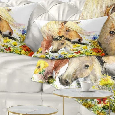 Design Art Horse And Foal With Meadow - Animal Printed Throw Pillow