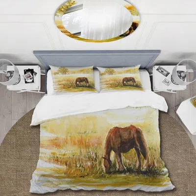 Design Art Horse Grazing On A Meadow - Farmhouse Duvet Cover Set - Microfiber Polyester In Yellow,brown