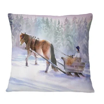 Design Art Horse With A Sleigh In Snowy Landscape - Traditional Printed Throw Pillow In Brown;white