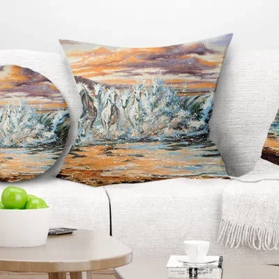 Design Art Horses From Waves - Animal Printed Pillow In White