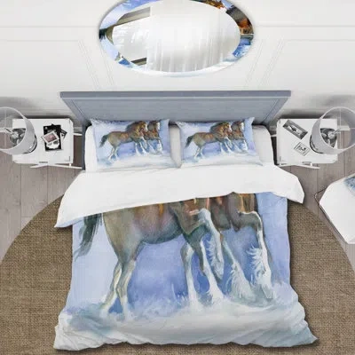 Design Art Horses Running In Winter - Farmhouse Duvet Cover Set - Microfiber Polyester In Blue,brown,gray