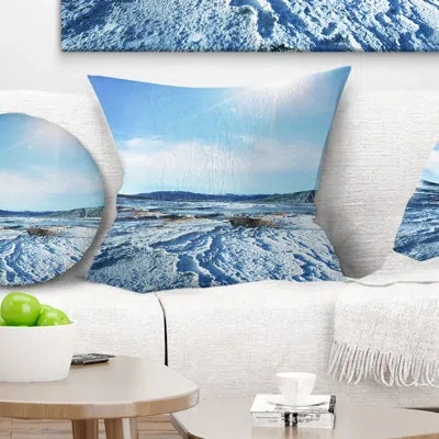 Design Art Hot Spring With Bright Sky And Sun - Landscape Printed Pillow In Blue