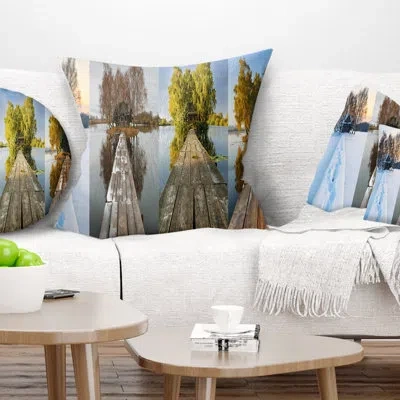 Design Art Houses On Small Island Panorama - Sea & Shore Printed Pillow In Blue;black;brown;green;red;yellow