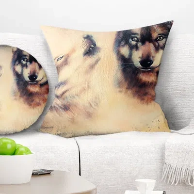 Design Art Howling Wolf - Animal Printed Pillow In Brown;beige