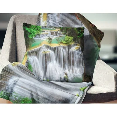Design Art Huay Mae Ka Min Waterfall - Landscape Printed Pillow In Green