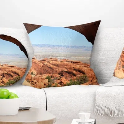 Design Art Huge Arch Into Rocky Terrains - Landscape Printed Throw Pillow In Brown