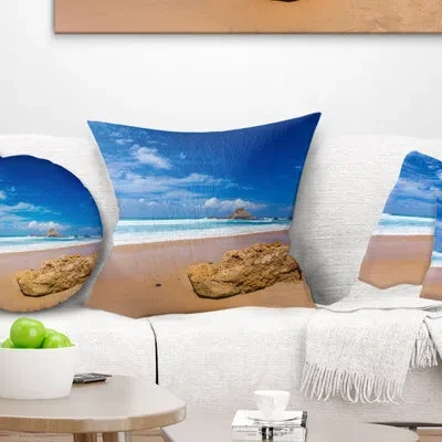 Design Art Huge Brown Rock In Atlantic Seashore - Sea & Shore Printed Throw Pillow In Orange;gold