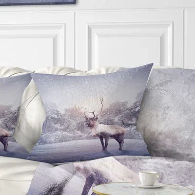 Design Art Huge Reindeer Standing In Snow - Animal Printed Throw Pillow In Gray