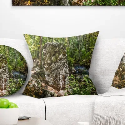Design Art Huge Rock In Black River Shore - Landscape Printed Pillow