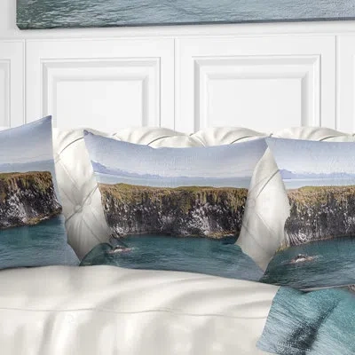 Design Art Huge Rock In Coastline Panorama - Sea & Shore Printed Throw Pillow In Blue;black;brown;green;red;yellow