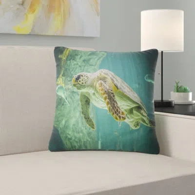 Design Art Huge Turtle Swimming - Animal Printed Pillow In Green