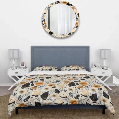 Design Art Husnain Modern Florals Iii - Plants Duvet Cover Set - Microfiber Polyester In Black;orange