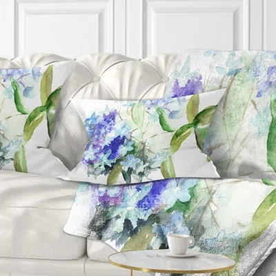 Design Art Hydrangea Blue Flowers - Floral Printed Throw Pillow In Blue;green