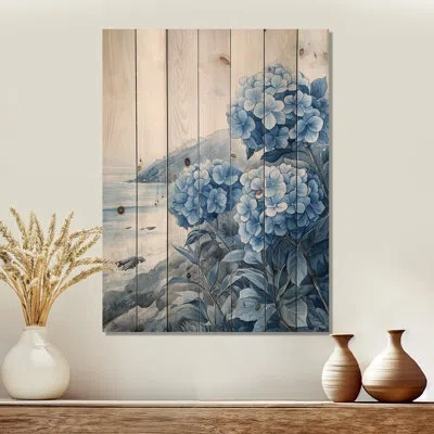 Design Art Hydrangeas By The Seaside Ii - Hydrangea Wood Print - On Natural Pine Wood In Blue;gray