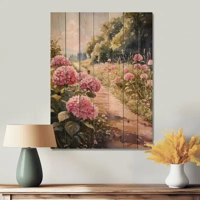 Design Art Hydrangeas In A Country Lane Ii - Hydrangea Wood Wall Art - On Natural Pine Wood In Green;pink