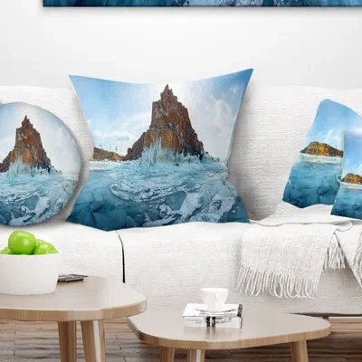 Design Art Ice And Rocks Of Lake Baikal - Sea & Shore Printed Pillow In Blue;white