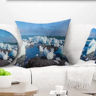Design Art Ice Blocks On Sand Beach - Sea & Shore Printed Pillow In Blue
