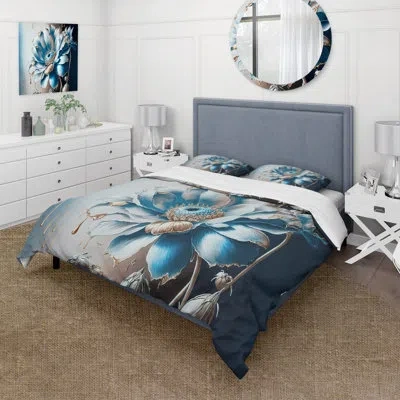 Design Art Ice Blue Daisy I - Floral Daisy Duvet Cover Set - Microfiber Polyester In Blue;white