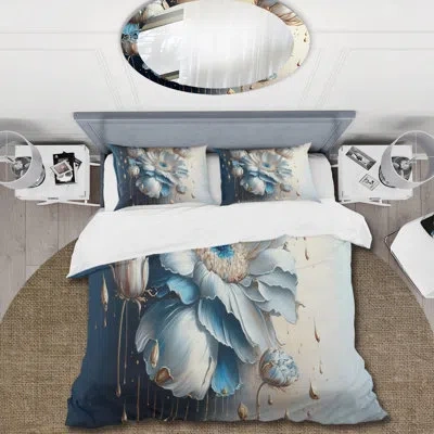 Design Art Ice Blue Daisy Iii - Floral Daisy Duvet Cover Set - Microfiber Polyester In Blue;white