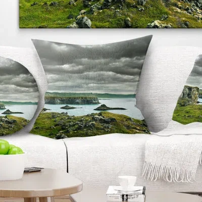 Design Art Icelandic Coast Under Dark Clouds - Sea & Shore Printed Pillow In Green