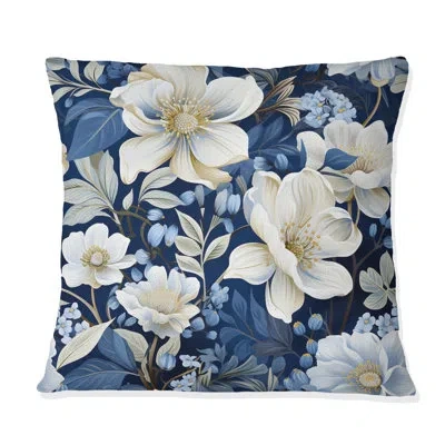 Design Art Icy Blue Snowy White Flowers Scenery I - Floral Printed Throw Pillow