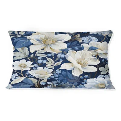 Design Art Icy Blue Snowy White Flowers Scenery I - Floral Printed Throw Pillow In Blue;white