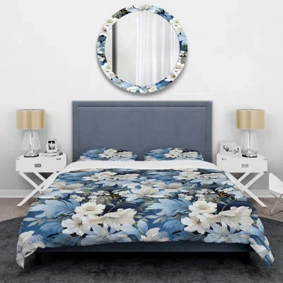 Design Art Icy Blue Snowy White Flowers Scenery Ii - Floral Duvet Cover Set - Microfiber Polyester