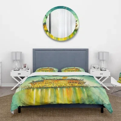 Design Art Idyllic Island Of Venice At Night - Modern Duvet Cover Set - Microfiber Polyester In Green,yellow;green,yellow