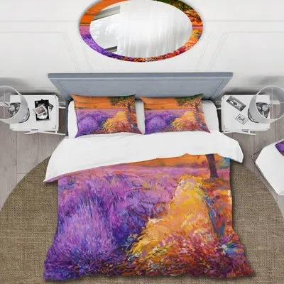 Design Art Iiana Purple Lavender Fields Under An Orange Sunset Ii - Farmhouse Duvet Cover Set - Microfiber Poly