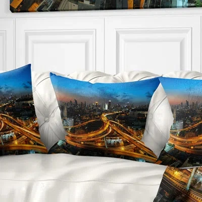 Design Art Illuminated Highway In Bangkok - Cityscape Printed Pillow In Blue